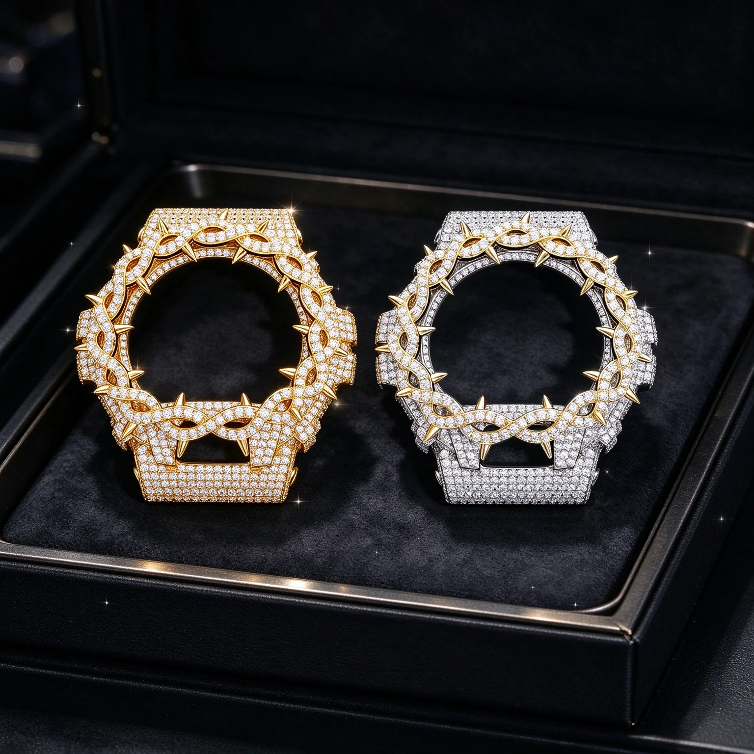 Iced Out Barbed Wire Spark Zircon Watch Case For DW6900 Men Hip Hop Bling Two Tone Full Paved CZ Thorn Rapper Watch Accessory