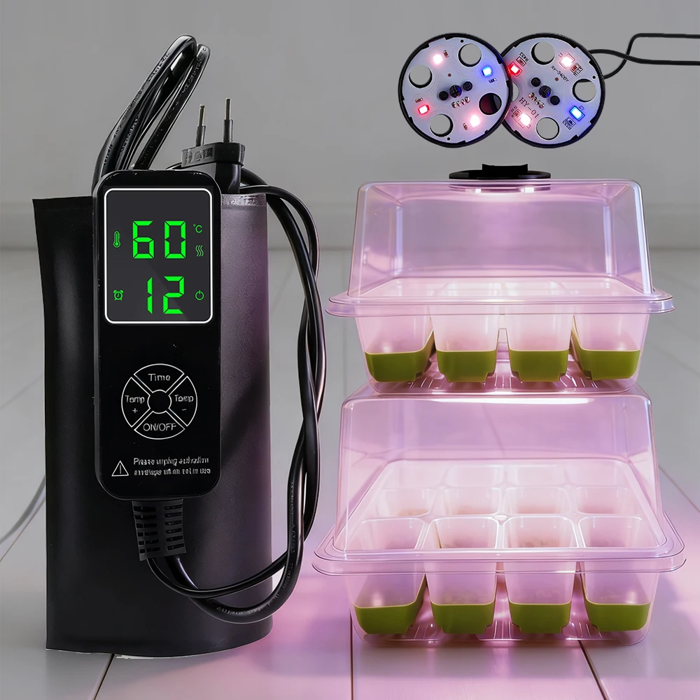 16W Seedling Timed Heat Mat Kit w/ Full Spectrum LED Growth Light Seeds Starter Tray Greenhouse Cloning Nursery Germination Box
