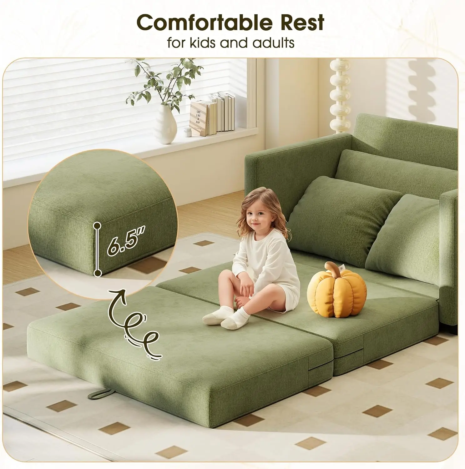 سرير أريكة بمقعدين قابلين للتحويل، سرير أريكة قابل للطي 2 في 1، أريكة نوم بمقعدين للمساحات الصغيرة، أريكة أرضية قابلة للطي مع 2 Pi #6