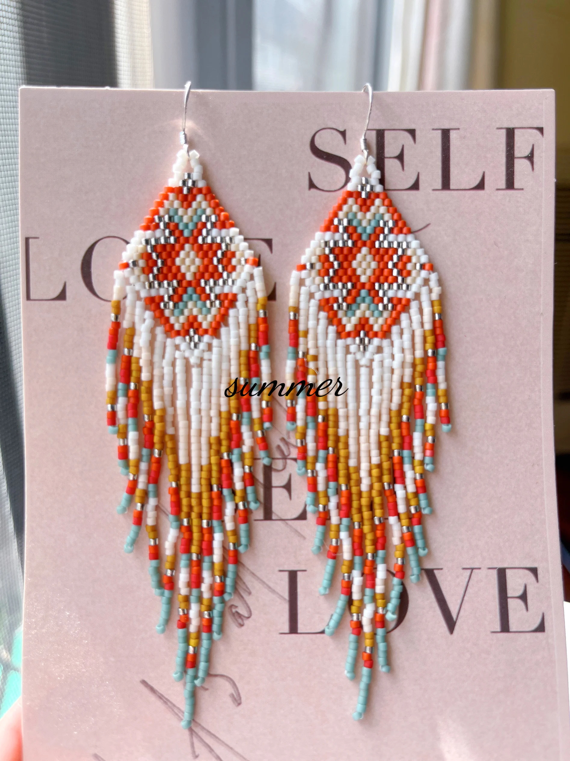 

Beaded earrings Geometry Design Originality Hand knitting Tassel Bohemia Alloy Tide Simple Rice bead earrings