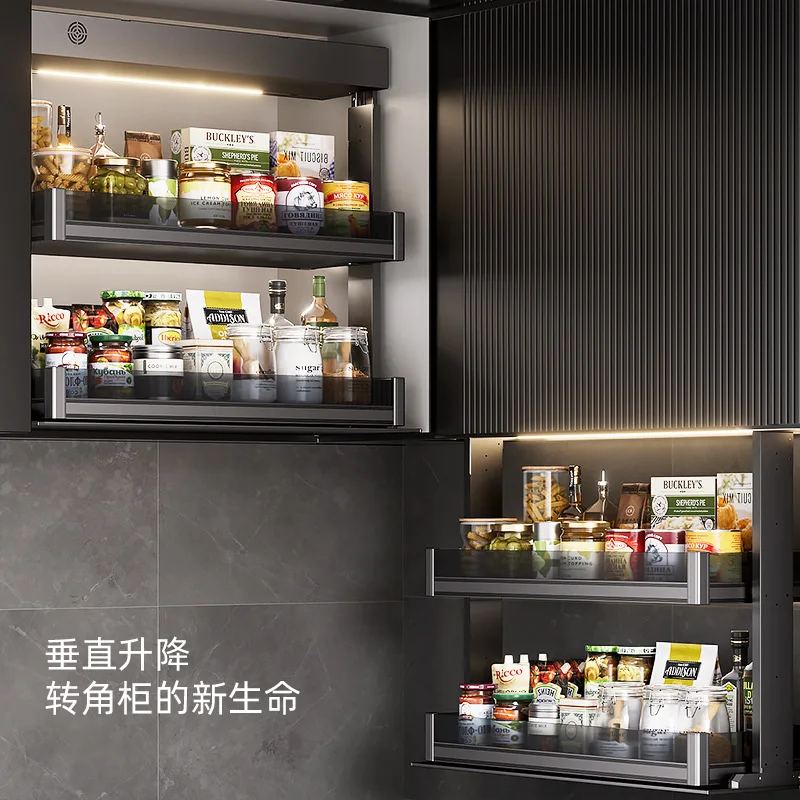 Rak penyimpanan sudut kabinet gantung dinding, berbahan aluminium alloy, pintar, dapat diangkat, diaktifkan dengan suara, dan sentuh.