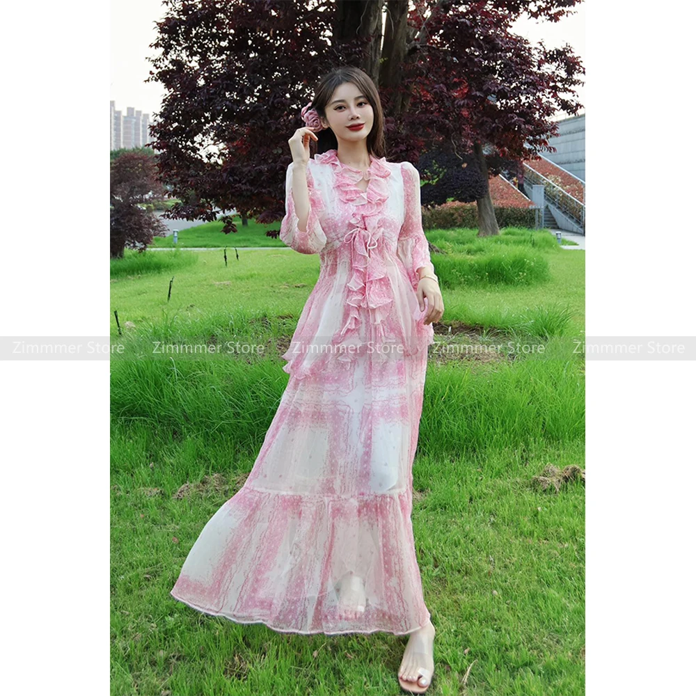 

Spring and summer new women's French sweet ruffled seaside vacation small floral mulberry silk blouse + half skirt suit