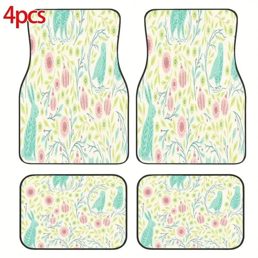 Set Of 4 Forest Animal Floral Print Polyester Car Mats Slip Resistant Dust Proof Durable