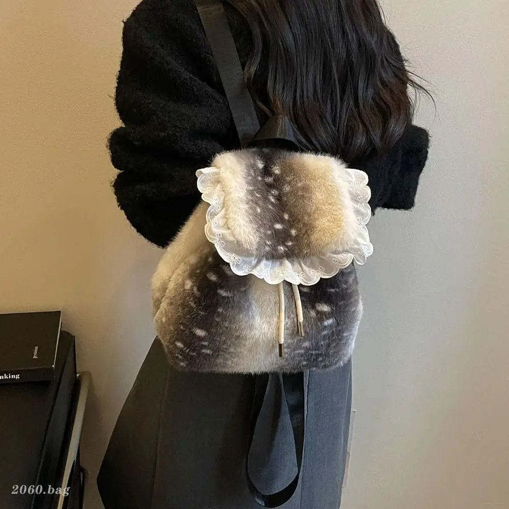 Leopard Print Fluffy Shoulder Bag Soft Deer Spot Faux Fur Backpack Korean Style Solid Color Drawstring School Bag Dating