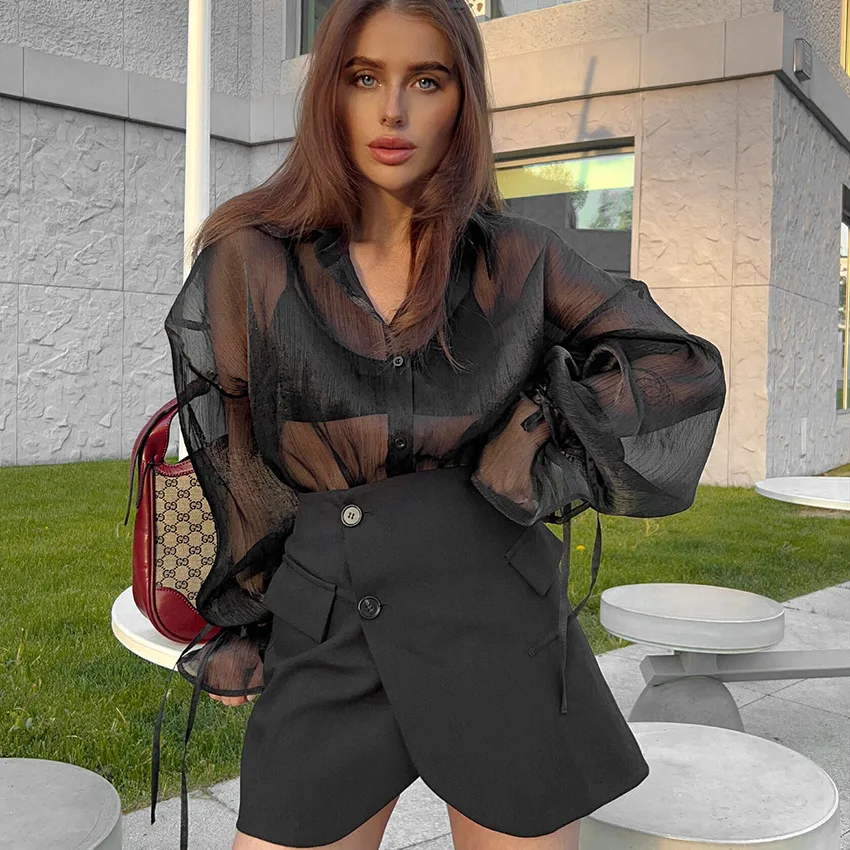 Black Sexy Blouse Netting Turn-down Collar Euro-America Style New Style Fashion Autumn Casual Women Clothing