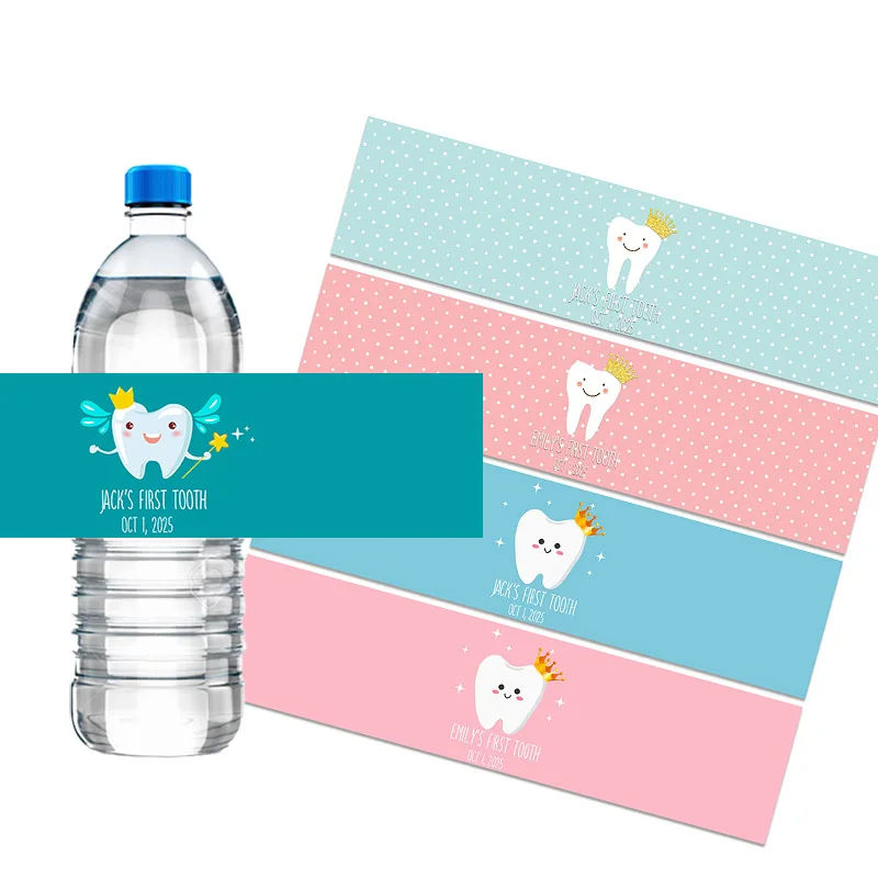 Custom Name Baby Girl Boy First Tooth Party Decor Label Stickers Water Bottle Labels Personalized Birthday Baby Shower Decor