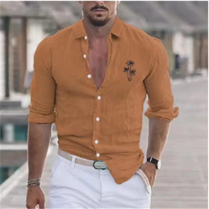 Level 4 Men's Linen Shirt Casual Everyday Long Sleeve Shirt Vacation Hawaiian Shirt Black White Pink Grey Long Sleeve Lapel