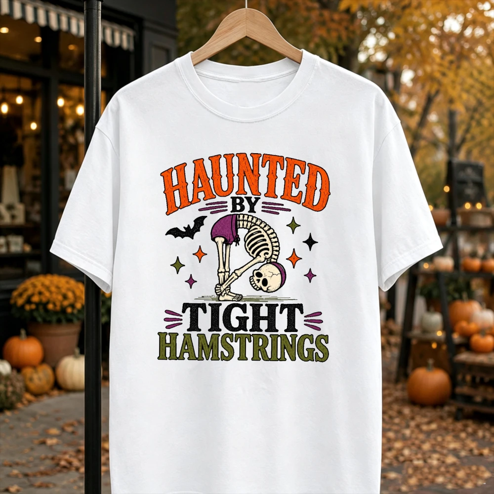 Vintage Retro Haunted By Tight Hamstrings Halloween T Shirt Men Women Funny Skeleton Bat Fitness Cotton Short Sleeve Unisex Tees