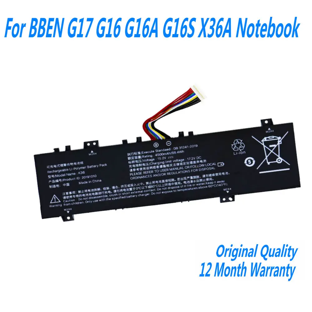 Original 4500mAh K36 Laptop Battery For BBEN G17 G16 G16A G16S X36A Notebook 67Wh 15.2V With 12-Wire Plug