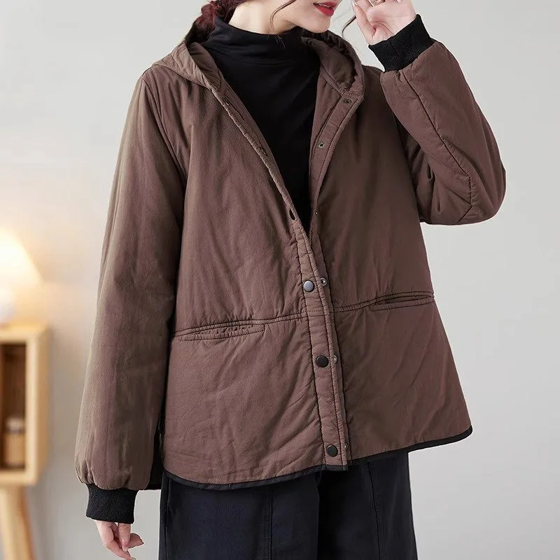 Retro Cotton Jacket For Women Versatile Casual Hooded Thickened Autumn And Winter Warm Quilted Coat Mujer Abrigos C089