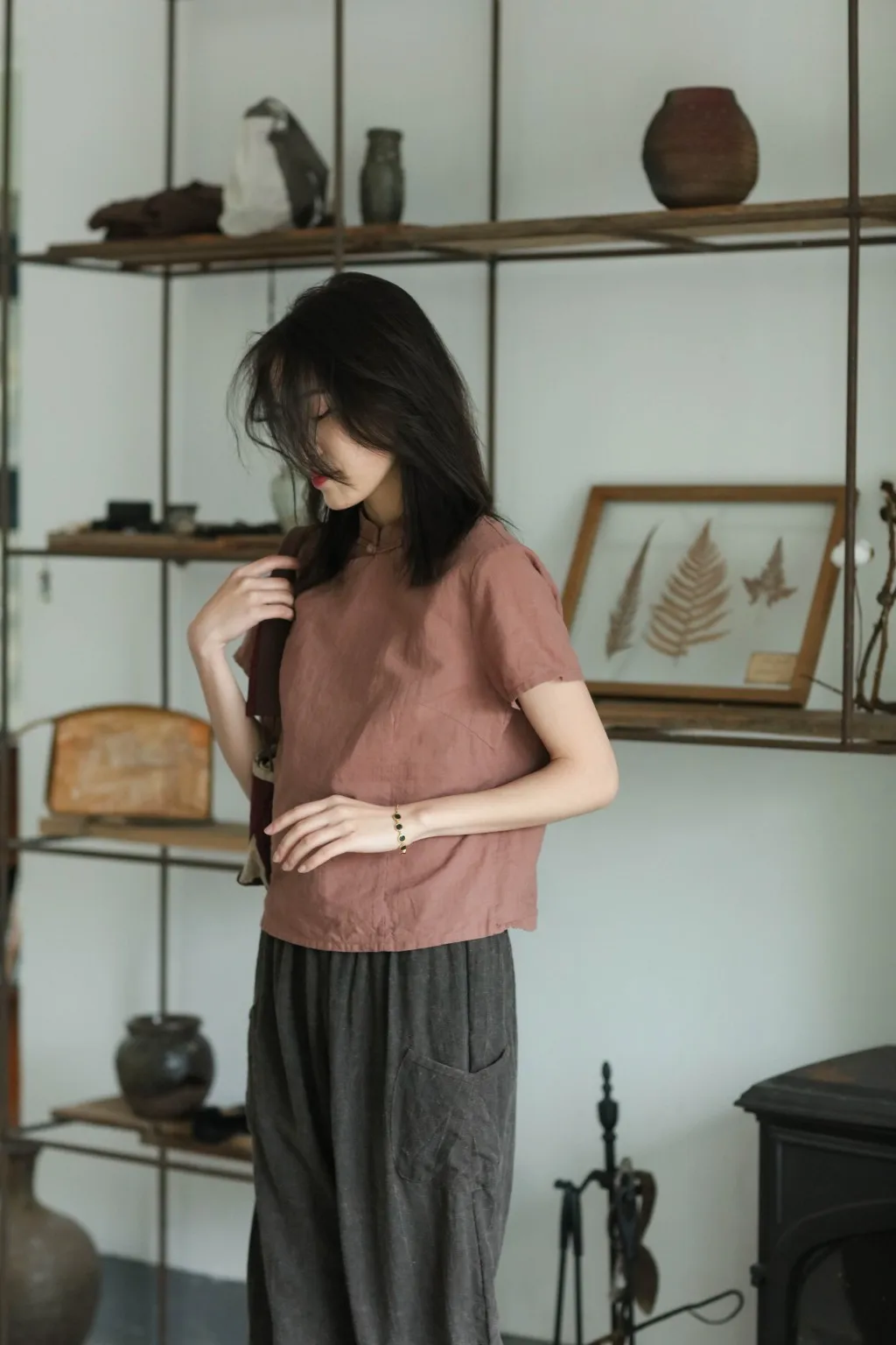 

Sle Stand Collar Asymmetrical S Flax irt ort Sve Slim Fit Commute Sle Pure Color Spring Summer irt