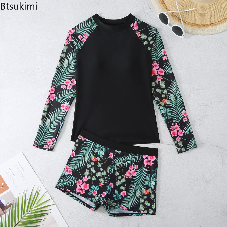 2025 maiô feminino tankini conjunto de manga longa banho feminino surf esportes piscina beachwear fatos de banho de duas peças com shorts