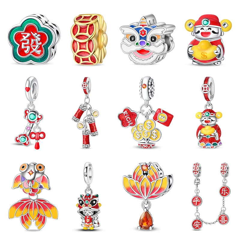 925 Sterling Silver Chinese New Year Fortune Tree Koi Waking Lion Charms Beads For Brand Original Bracelet DIY Jewelry Gift