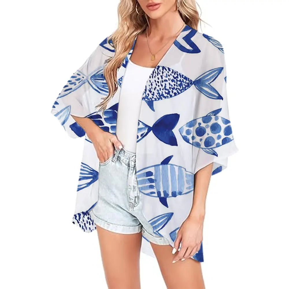 Kimono azul Ocean Series de gasa para salida en la playa, traje de baño, camisetas, Kimono de verano, cárdigan, Tops, traje de baño para mujer, abrigo 2024