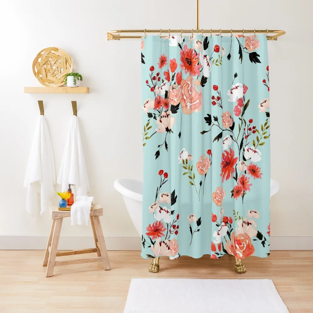 

Watercolor Spring Floral Teal Shower Curtain Waterproof Shower Luxury Bathroom Funny Shower Bathroom Curtain