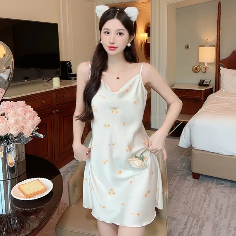 

Comfortable Sexy Ice Silk Strapless Neckline Mid-Length Satin Sleepwear French Style Nightgown Home Clothes for Autumn