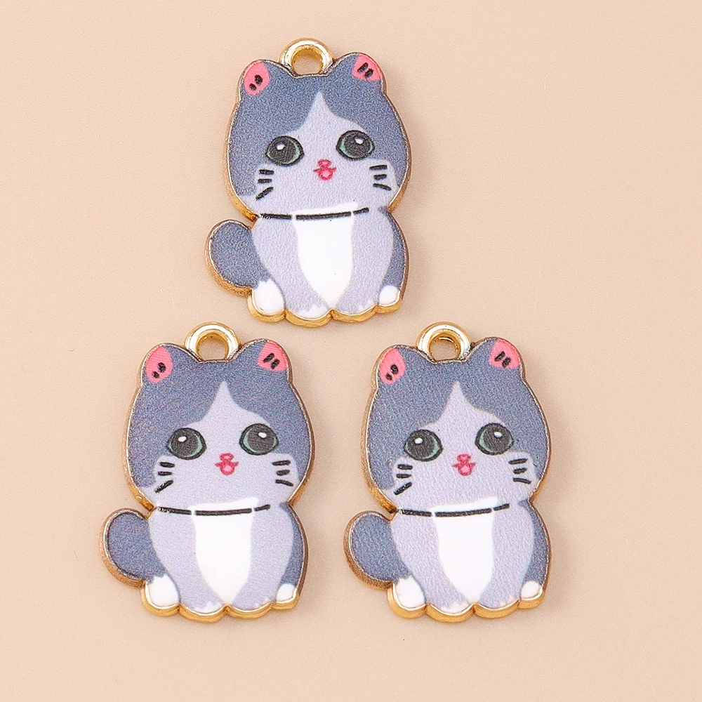 Leslie 10 Stück Cartoon-Emaille-Katzen-Charms, niedliche goldfarbene Metall-Tierkatzen-Anhänger für DIY-Halsketten, Armbänder, Schmuckherstellung – Detail 11