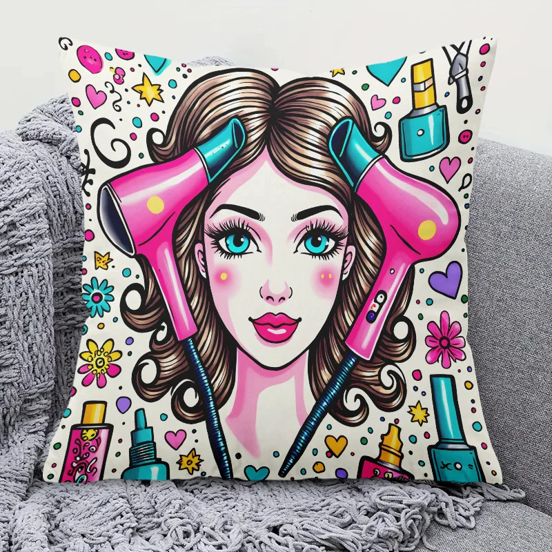 Retro Hairdresser Pillow Case, Pop Art Beauty Cushion Cover, Pink Blow Dryer Decor, Funny Salon Home Textile, Gift for Stylists