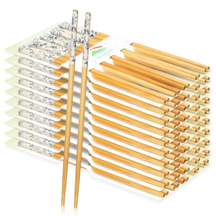 

50 Pairs Reusable Bamboo Chopsticks with Japanese Blue Floral Design for Home Dining Party Events Restaurant Use Takeout Packag