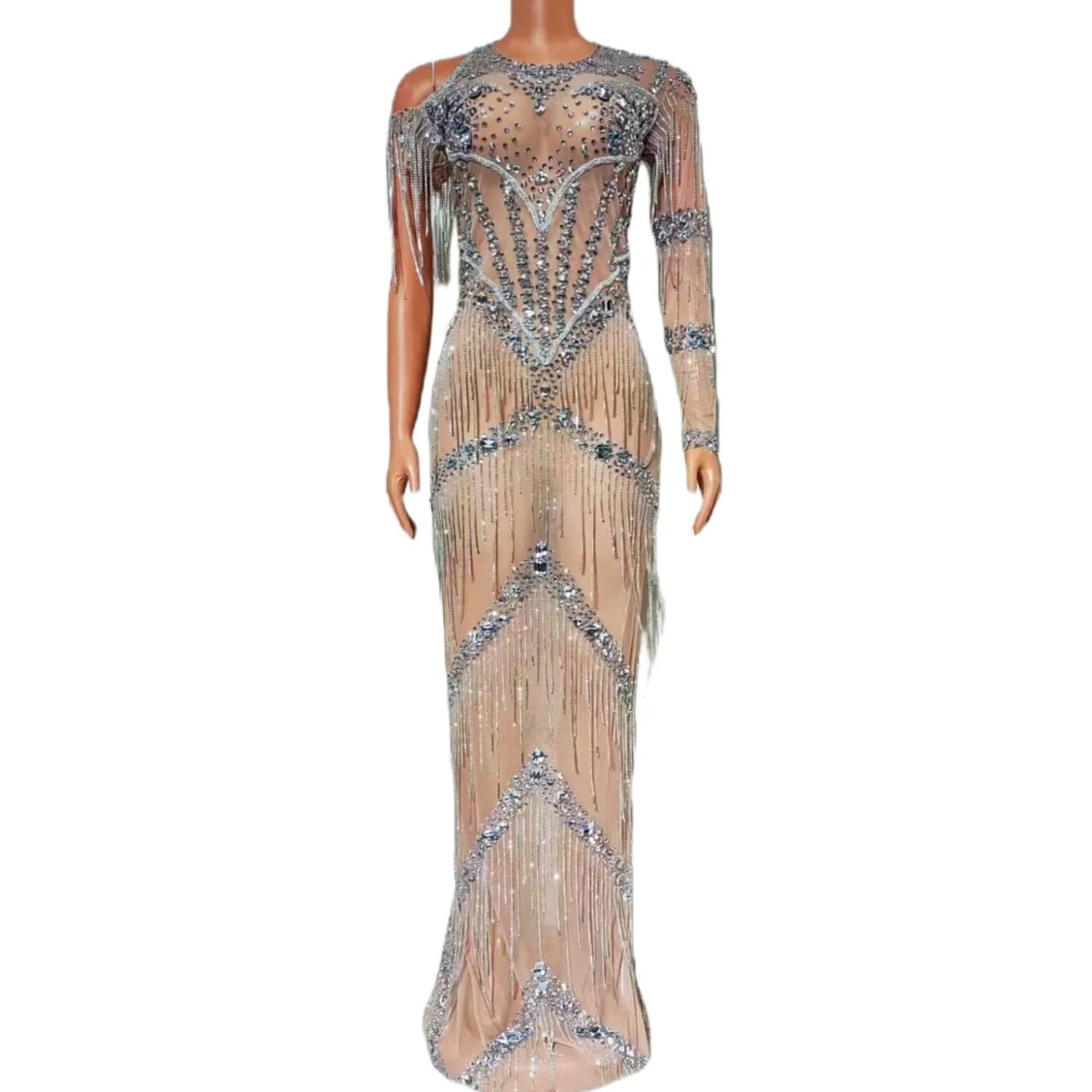 

Birthday Celebrate Party Prom Tassel Chains Sheer Long Dress One Sleeved Club Sexy Women See Through Mesh Evening Dress Yixing