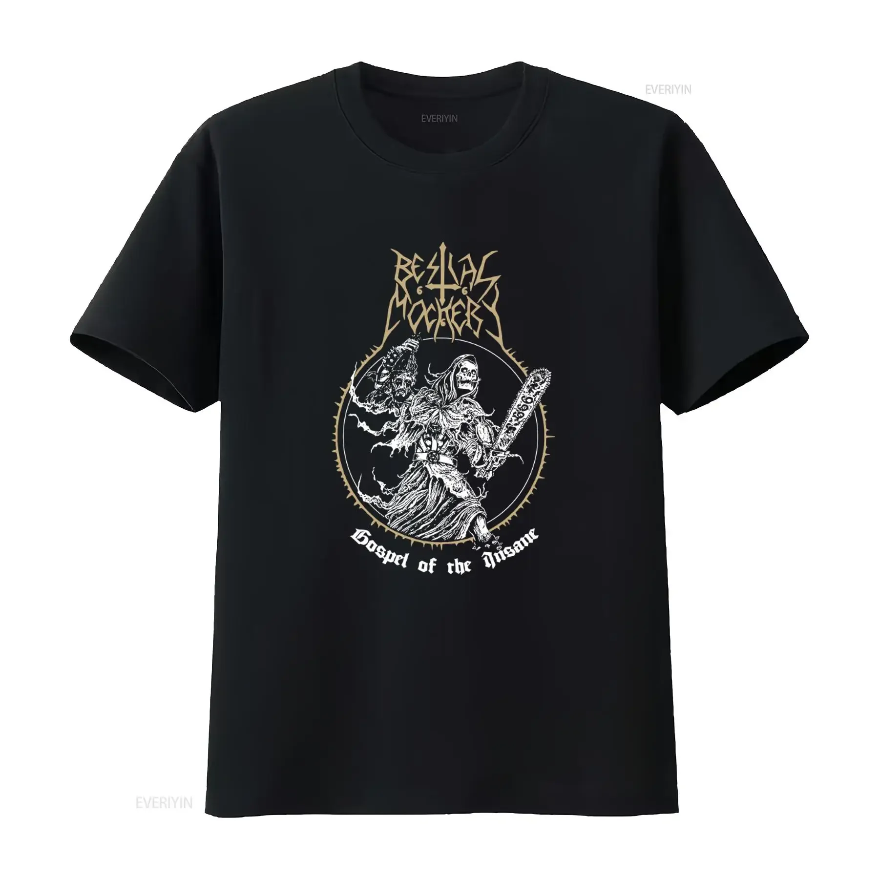 BESTIAL MOCKERY 'Gospel Of The Insane' T Shirt Gothic Horror Design for Metal Fans vintage Washed designer clothes Unisex