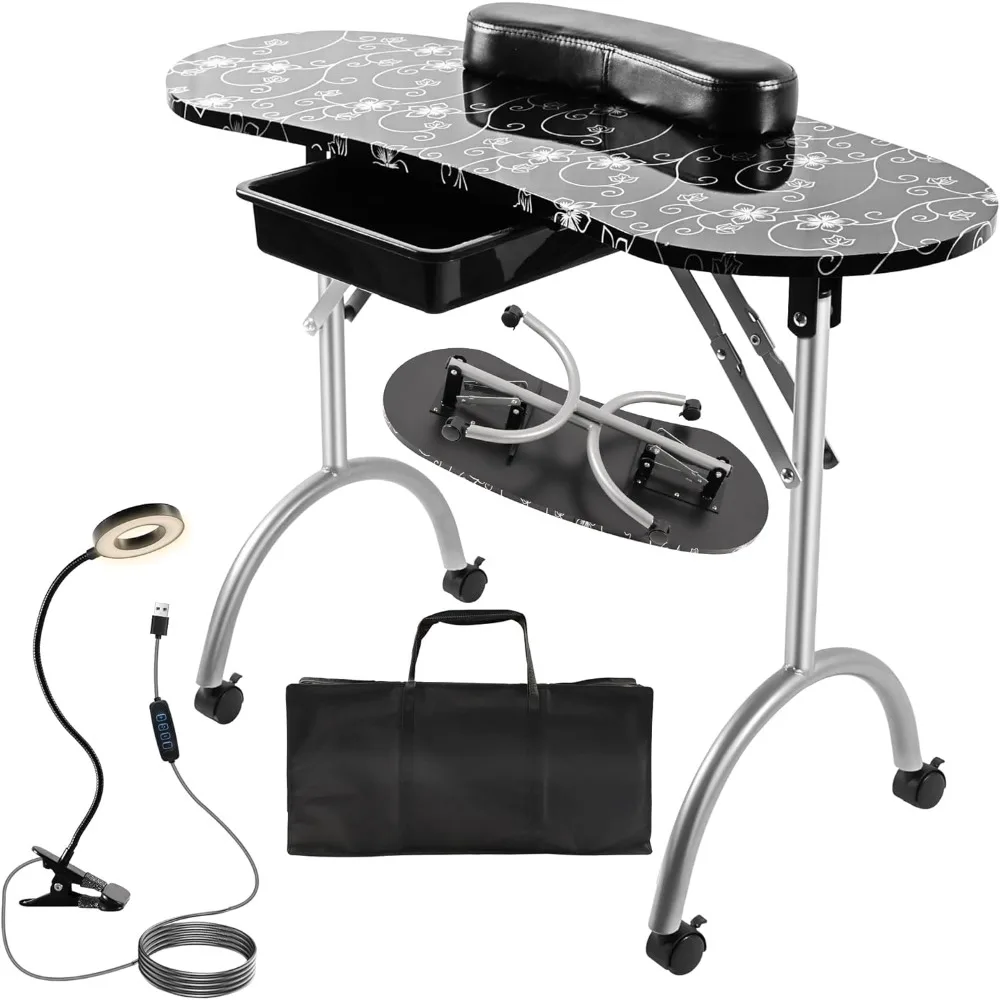 Portable & Foldable Manicure Table Nail Desk on Wheels with Drawer, Updated USB-Plug LED Table Lamp, Client Wrist Pad