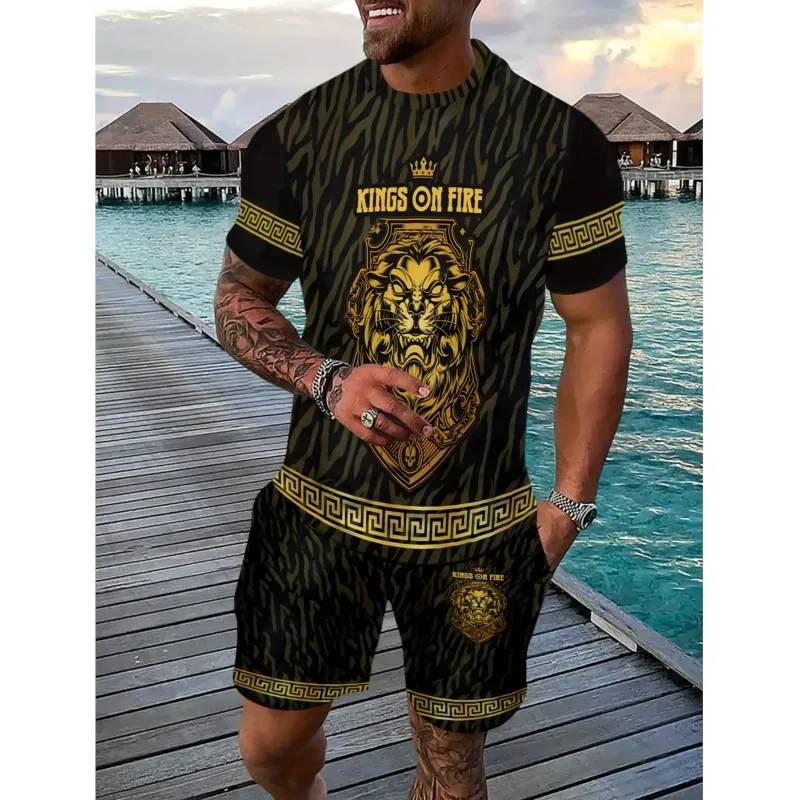 

2 Piece Men's Digital Printed Summer Fashion Set Men's Short Sleeve Crew Neck T-Shirt Suit Drawstring Shorts Vetements Homme