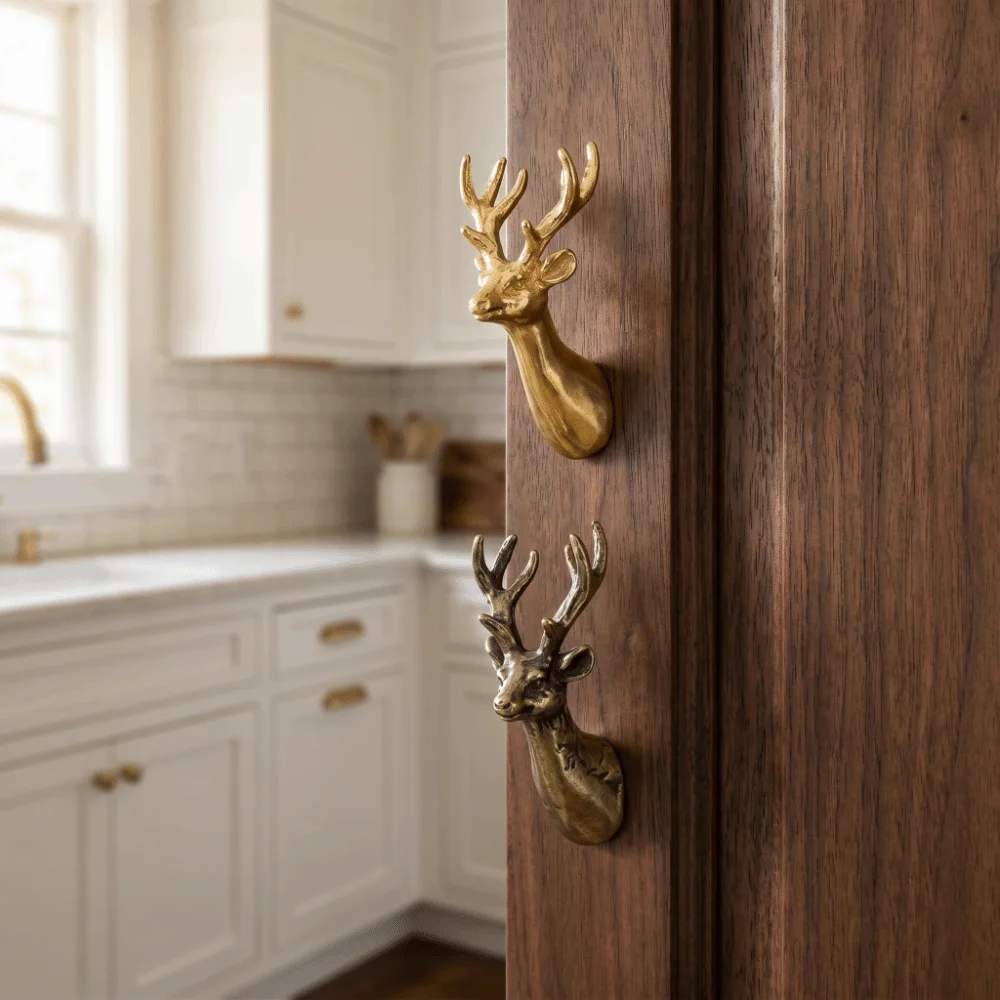 Retro Brass Cabinet Pull Vintage Furniture Hardware Solid Deer Head Drawer Handle Push-pull Animal Series