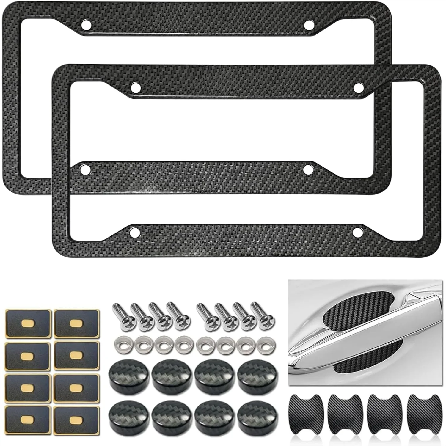 

Carbon Fiber License Plate Frame 2 Pack - Aluminum Front & Rear Car Tag Holder with Mount Hardware, Screws, Caps, Stickers