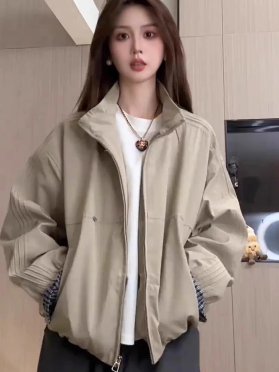 

Loose Women's Stand Collar Jacket Autumn New Style Korean Style Sleeve Color Block Casual Slimming Top Trendy Zipper Closure