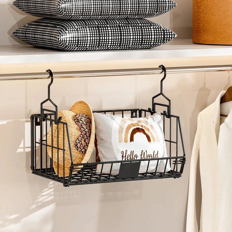 Wardrobe hanging basket, over-the-shelf closet organizer, pull-out storage bin for folded clothes, towels and accessories