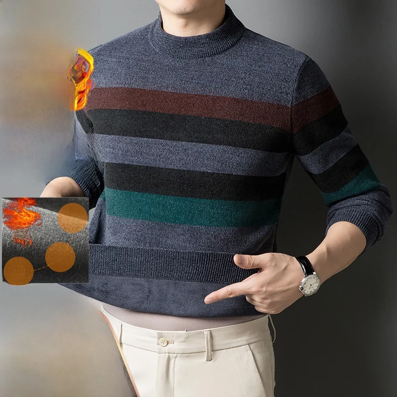 メンズ冬用厚手フリースハーフハイカラーニットセーターカジュアルストライプおしゃれベースシャツ柔らかく暖かい長袖