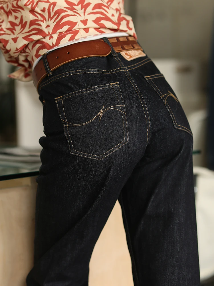 

Женские джинсы с широкими штанинами и прямым кроем, темно-синие, серия Marilyn, 14 унций, с эффектом подтяжки ягодиц, с отворотами, с естественной талией, повседневные, из хлопка