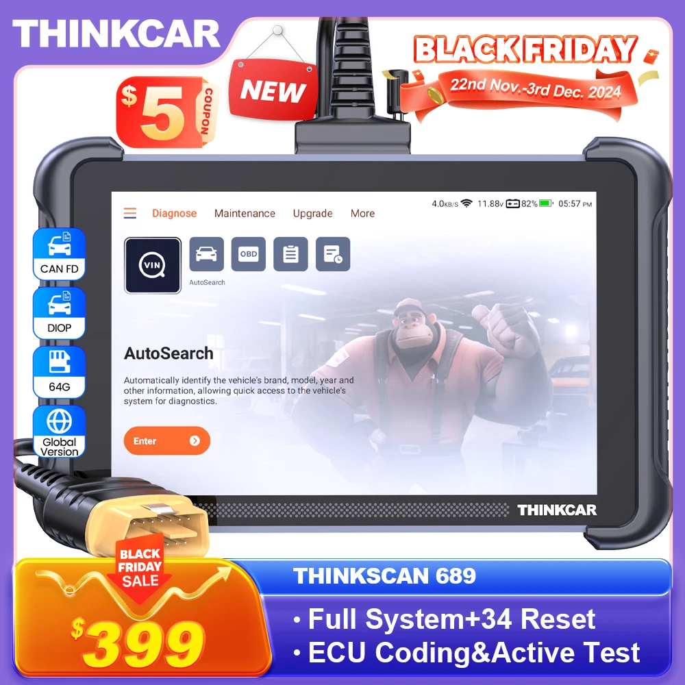 THINKCAR THINKSCAN 689 OBD2 Scanner CAN FD/DOIP ECU Coding Bi-directional 34 Service Full System Diagnostic Tools Lifetime Free