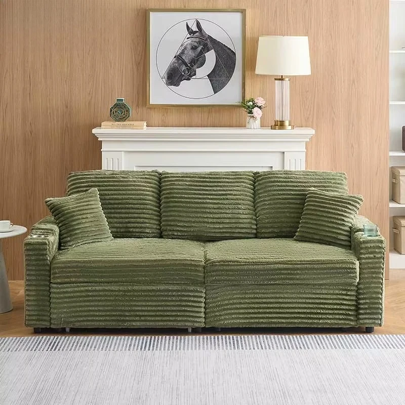 80-Inch two-in-one corduroy sofa, pull-out foldable hidden recliner