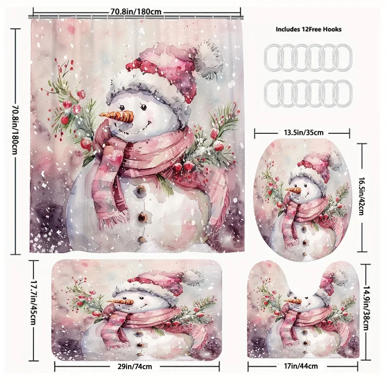 1pc/3pcs/4pcs Theme Oil Painting Series Pink Little Snowman Background Shower Curtain Bathroom Set, Best for Christmas