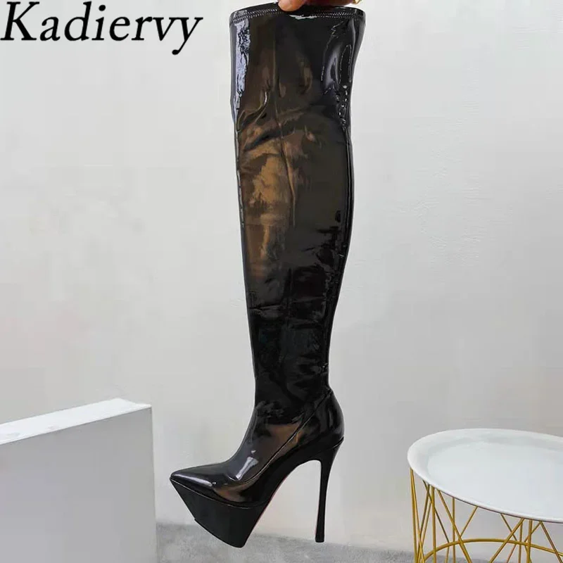 

Super High Heels Over The Knee Boots Women Patent Leather Stretch Boots Woman Runway Thigh High Boots Platform Shoes Women