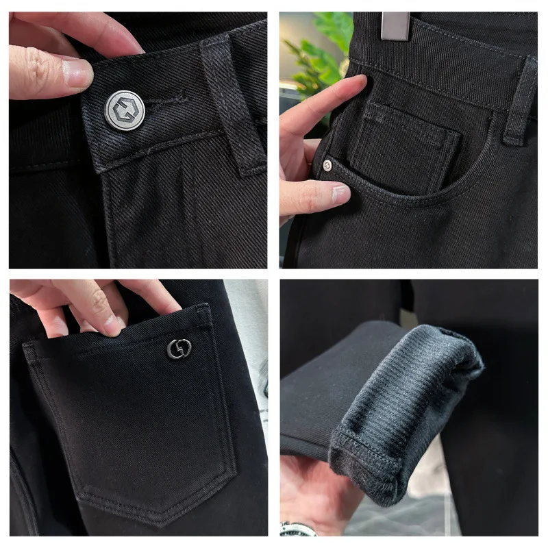 جينز مخملي سميك للرجال شتاء 2025 ملابس رجالية دافئة جديدة راقية غير رسمية مرنة بقصة ضيقة سراويل مقاومة للبرد