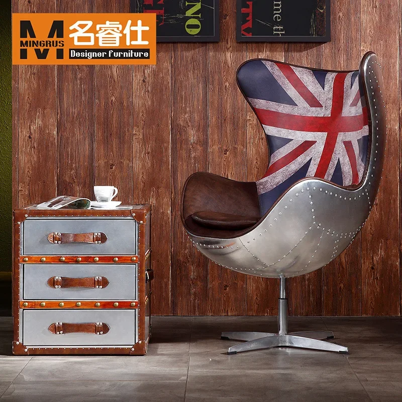 كرسي على شكل بيضة من الجلد والألومنيوم على الطراز الصناعي كرسي دوار بعلم الأرز القديم