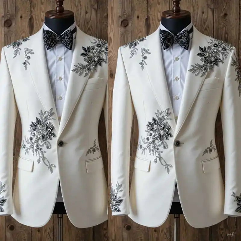 

Luxury Wedding Groom Tuxedos 2 Pieces Blazer Pant Peaked Lapel Crystal Appliques Men Formal Occasion Party Suit Customized