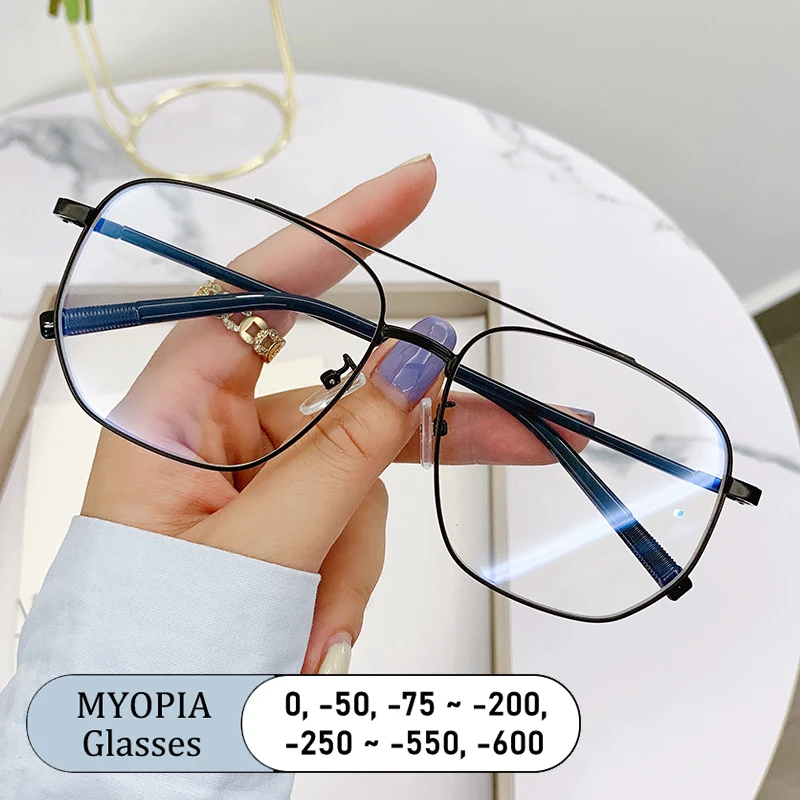 

New Brand Design Optical Myopia Glasses Women Double-beam Spectacle Oversized Alloy Frame Blue Light Photochromic Men Eyeglasses