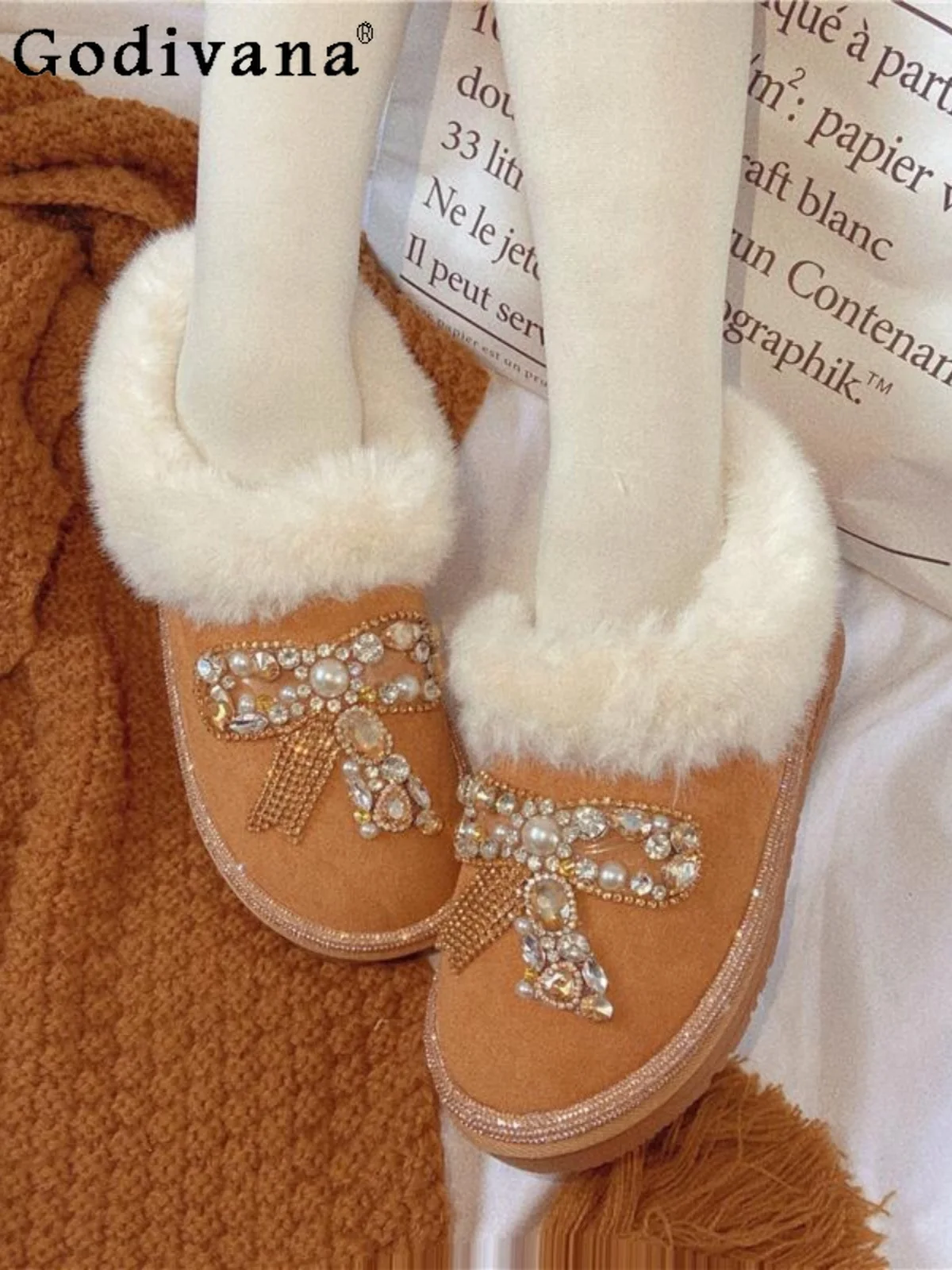 

2025 Winter New Korean Version Heavy Rhinestone Sweet Bow Snow Boots Sweet Girl Thickened Warm Short Boots