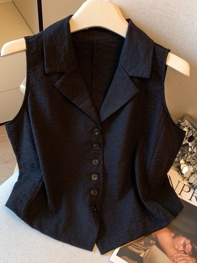 

Summer Faion Single-Button Notch Collar Svel Loose Women's irt Slimming Versatile Pure Color Vest Commute Sle