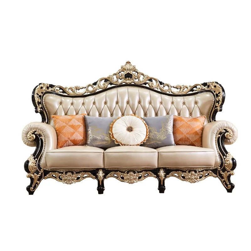 Ebony Black European Leather Sofa Luxury Villa Living Room Top Grain Leather Solid Wood Large Apartment Furniture Set