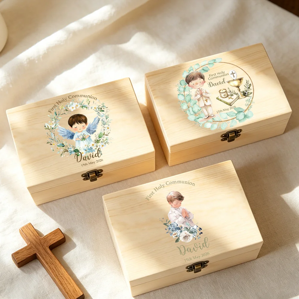 

Personalised First Holy Communion Wooden Box Baptism Wooden Keepsake Box with Name/date Baptism Gift First Communion Gifts