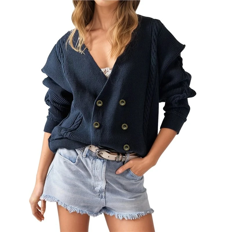 Women V Neck Double Breasted Cable Knit Distressed Drop Shoulder Loose Knit Cardigan Royal Blue S Eco-Friendly