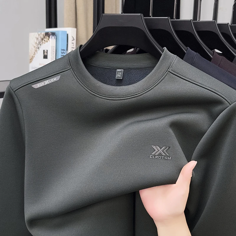 Men's Hoodie with Thick Velvet, Autumn and Winter Round Neck Long Sleeved T-shirt, Middle-aged Men's Warm Top