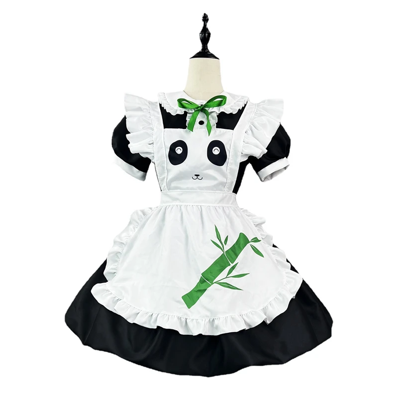 

Panda Bamboo Element Apron and Stand Collar Short Sleeve Bouffant Dress Japanese Lolita Attire Suit Anime Maid Cosplay Costume