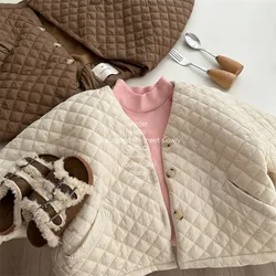 Children Winter Clothes 2023 New Fashionable Embroidered Plaid Cotton-padded Jacket Girl Korean Style Cashmere Warm Kids Coat