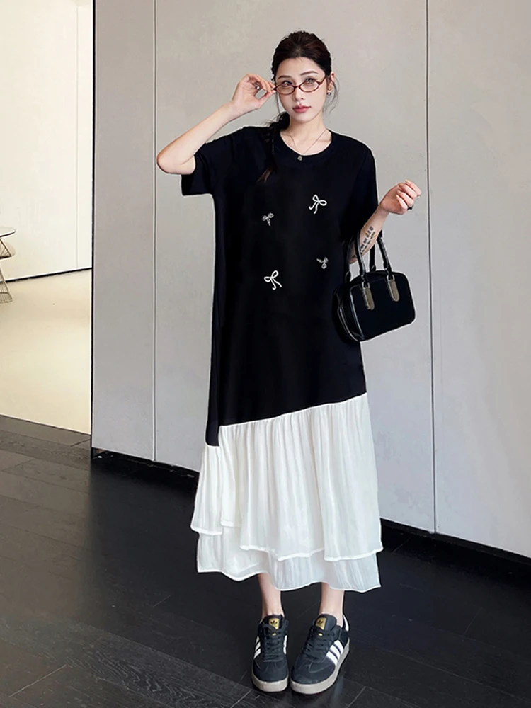 NYFS فستان صيفي 2025 كوريا نمط المرأة فضفاضة حجم كبير كم قصير غير النظامية المرقعة الغزل هيم فستان طويل رداء Elbise #4